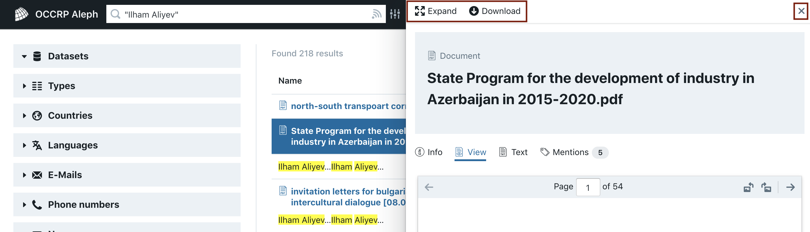 A screenshot of the search results page in Aleph. A preview of a search result, a PDF document, is alighned to the right side of the screen and overlays the search results page. The preview includes the name of the document and shows the first page of the document. Red markers highlight the “Expand”, “Download”, and “Close” buttons at the top of the preview overlay.
